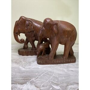 Vintage Teak Elephants Pair • Lot of 2 • Solid Teak wood